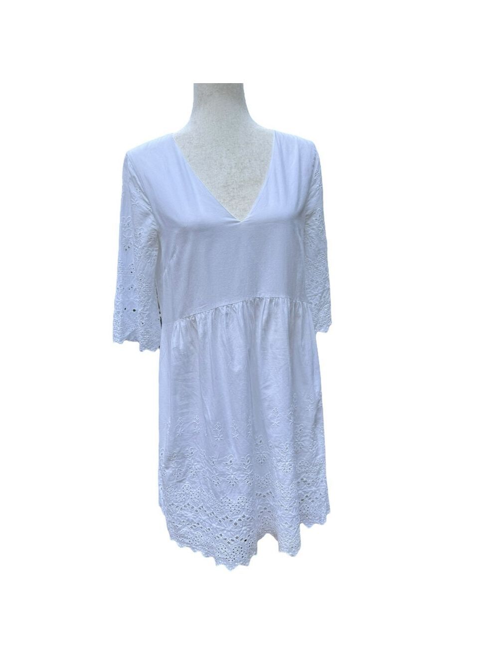 Madewell White Eyelet Cotton Dress Size 4 V-Neck Scallop Hem Boho Cottagecore